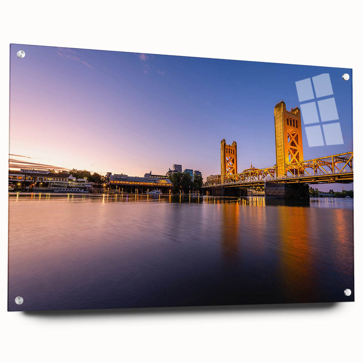 Large abstract wall art of Sacramento scenery on acrylic glass, in vibrant hues, ideal for bedroom or dining room decor.