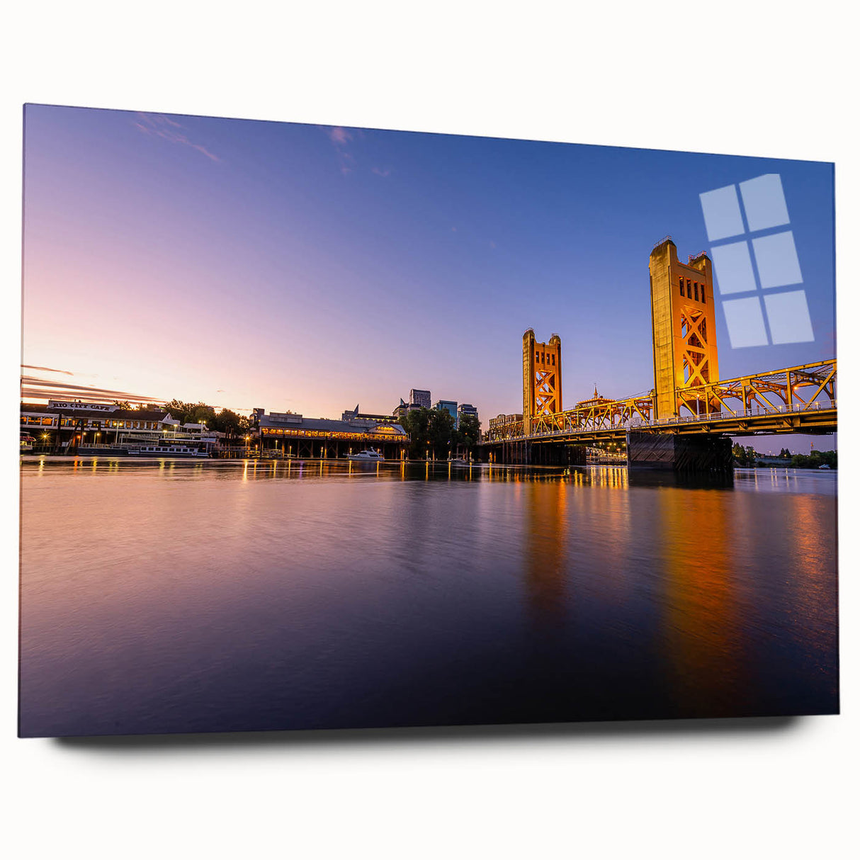 Large abstract depiction of Sacramento on acrylic glass, featuring earthy green and blue tones.