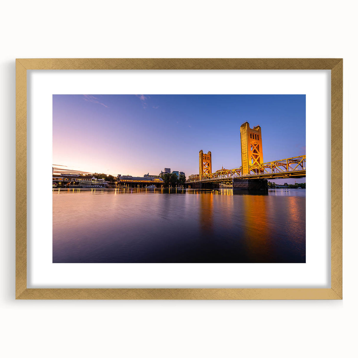 Extra large abstract art print of Sacramento scenery in textured gold frame, ideal for living room decor.