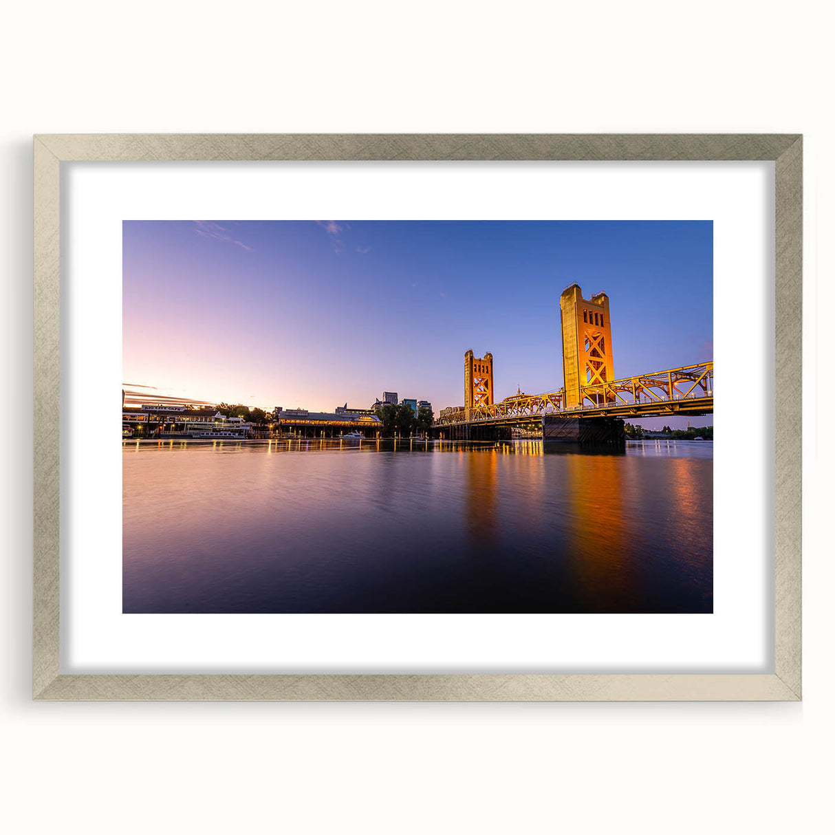 Textured abstract art print of Sacramento scenery in muted earth tones on a framed silver mat, ideal for bedroom art.