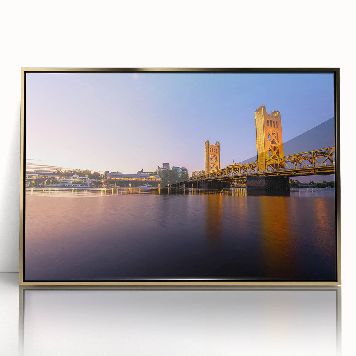 Framed acrylic print of Sacramento scenery in gold tones, ideal for modern art wall decor.