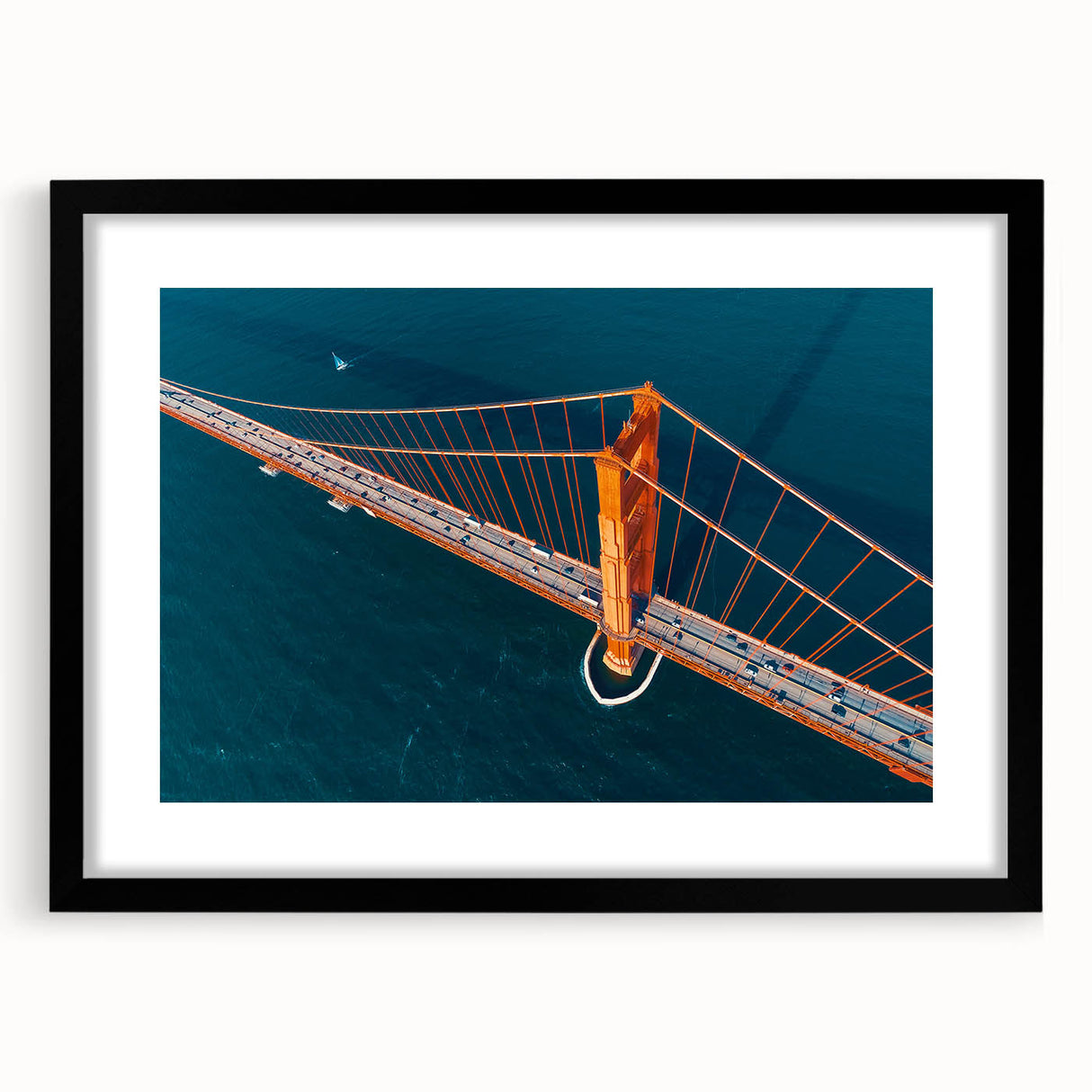 Extra large abstract art print of San Francisco in vibrant colors on a textured canvas, framed in black.
