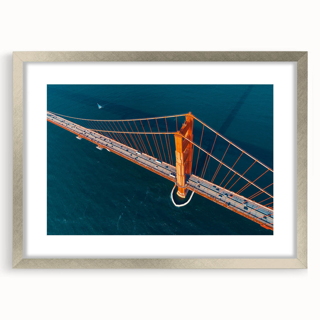 Textured art print of San Francisco skyline in muted gray tones on a framed silver mat, suitable for bedroom decor.
