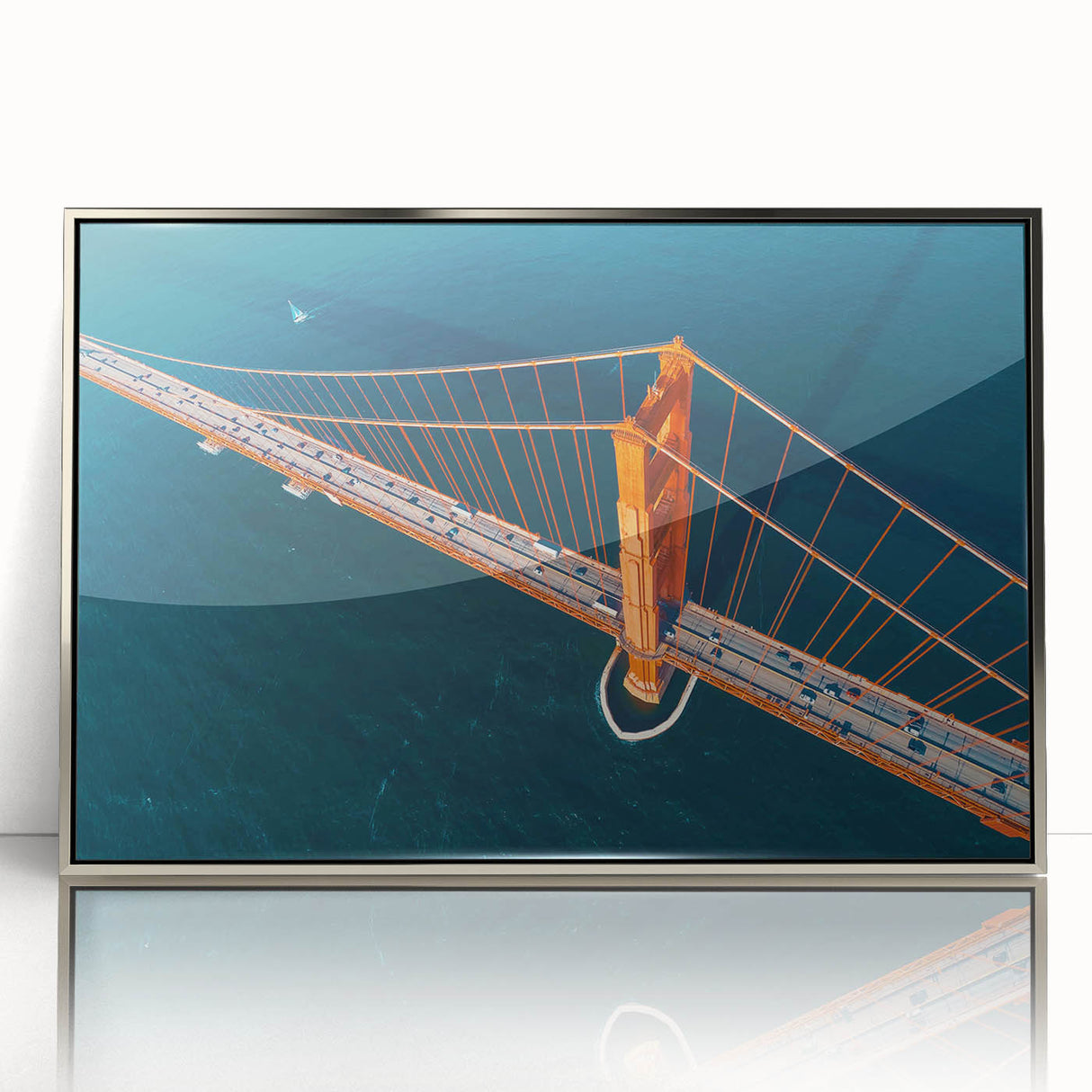Mid-century modernist art depicting San Francisco skyline in muted blue and gray tones on a silver-framed acrylic print.