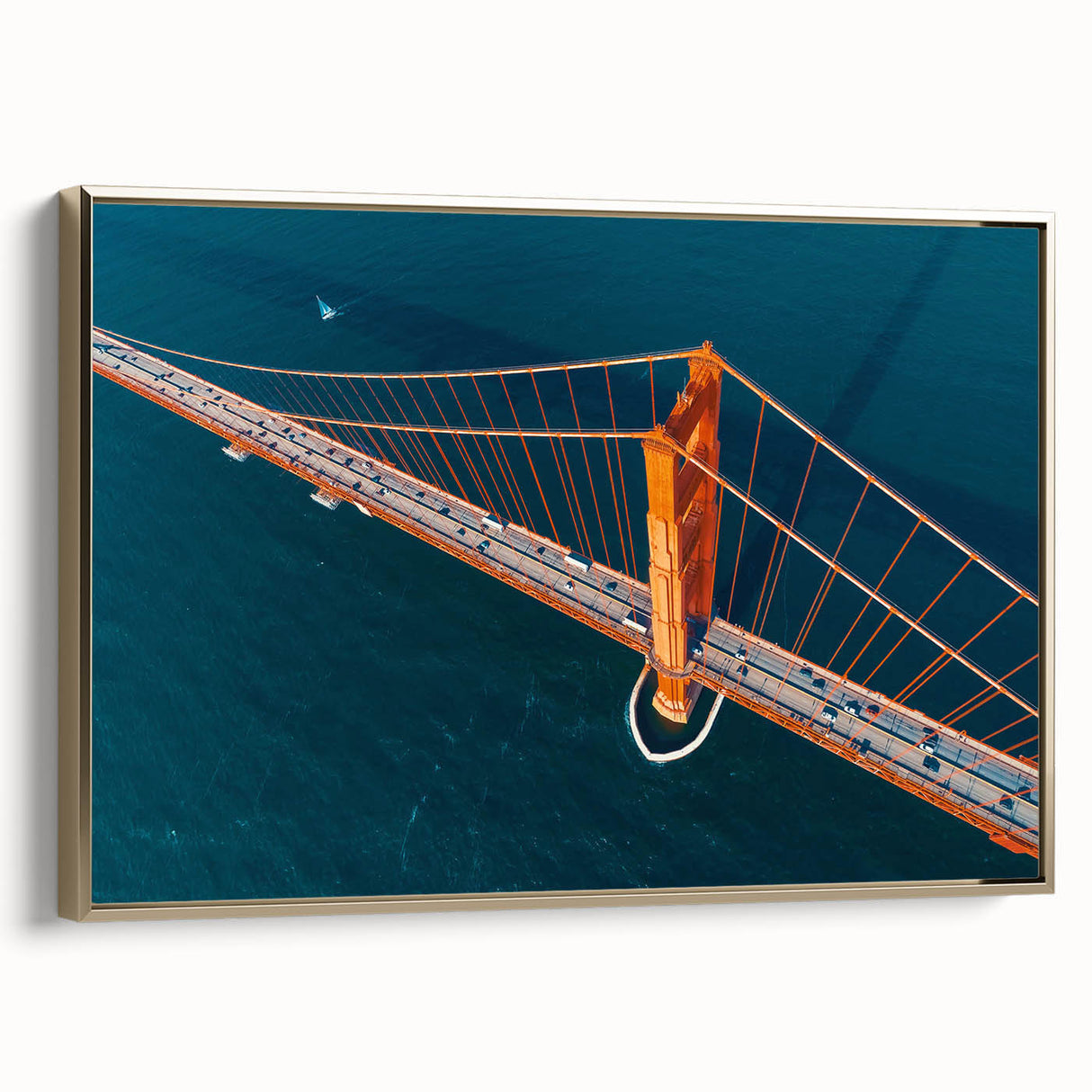 Framed canvas depicting a vintage-style landscape of San Francisco in black and gold tones, ideal for bedroom wall art.