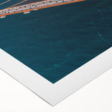 Art deco poster of San Francisco skyline in muted gold and blue tones on rolled canvas, suitable for dining room wall art.