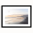 Colorful abstract art print of textured Santa Barbara scenery in a black frame, ideal for living room decor.
