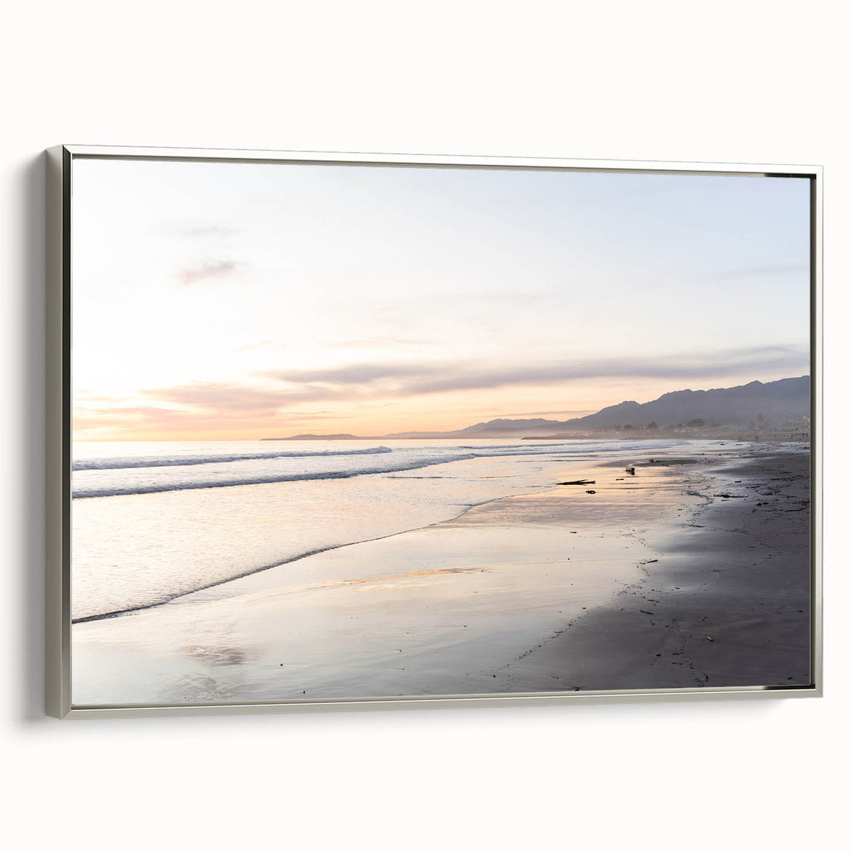 Framed canvas landscape art painting featuring a vintage Santa Barbara scene in colorful hues with a black frame.