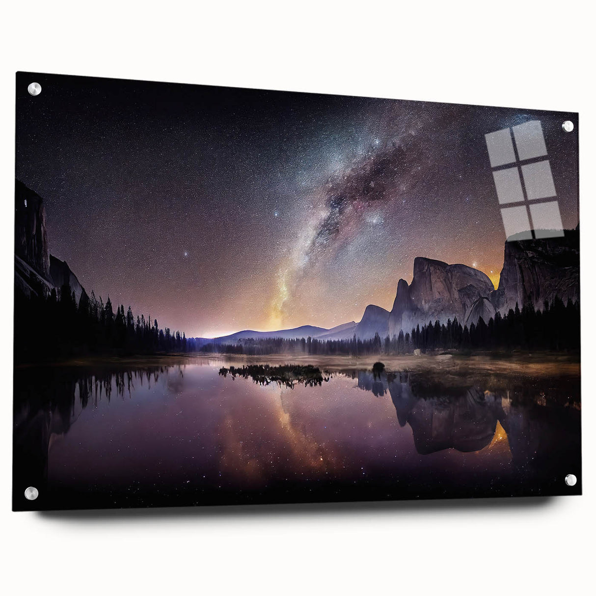 Acrylic print of Yosemite with detailed scenery in natural colors, ideal for bedroom or dining room decor.