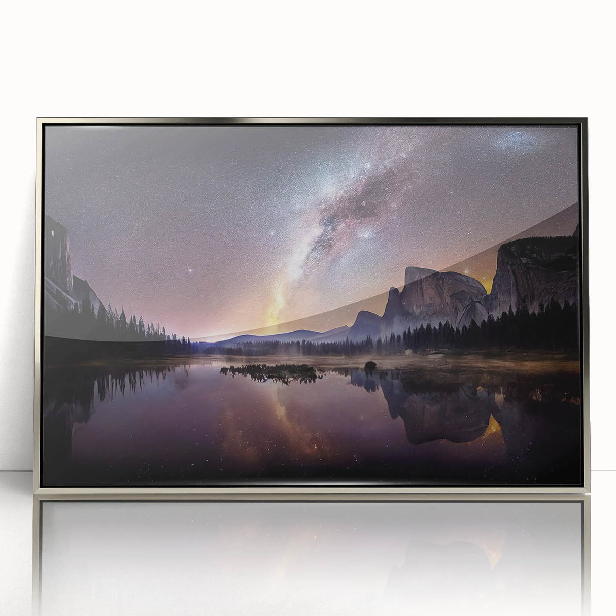 Mid-century modernist art depicting Yosemite scenery in muted earth tones on a framed acrylic print.
