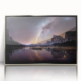 Mid-century modernist art depicting Yosemite scenery in muted earth tones on a framed acrylic print.