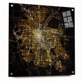 Acrylic print of a large abstract depiction of Denver skyline in muted blue and green tones.