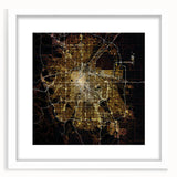 Abstract art print of Denver skyline in muted gray and blue tones, framed in white, ideal for dining room decor.