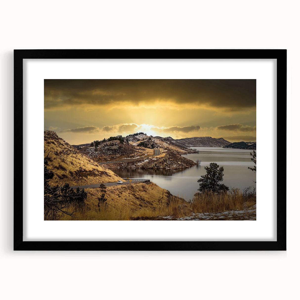 Extra large colorful abstract art print of Colorado Springs, featuring vibrant, textured hues on a framed black mat.