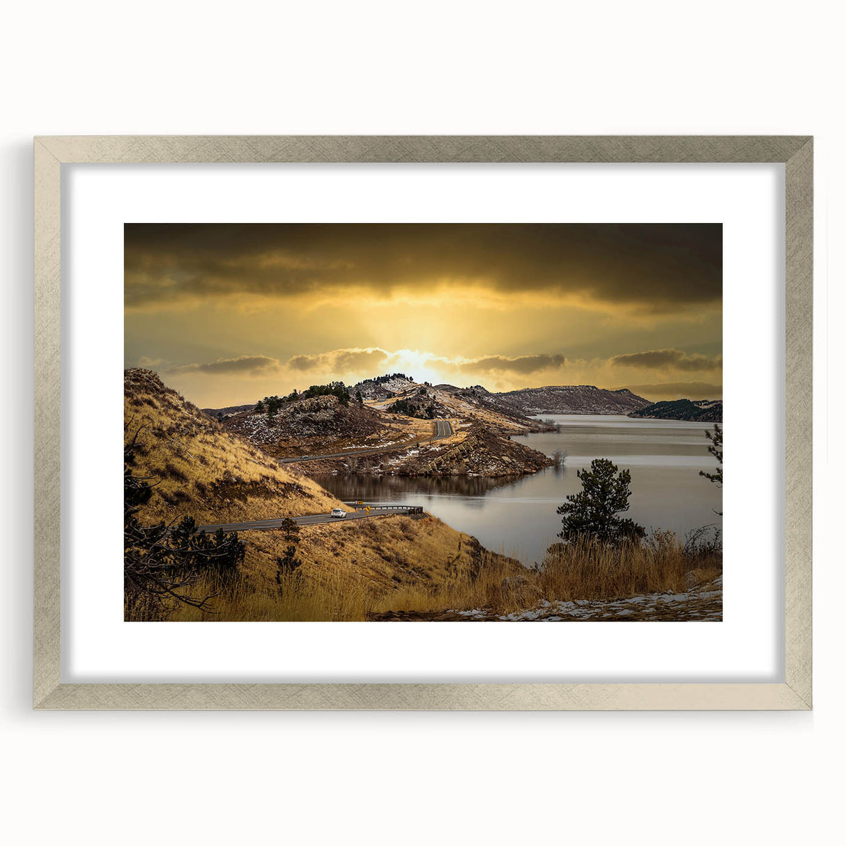 Textured abstract art print of Colorado Springs, featuring muted earth tones on a framed silver mat.