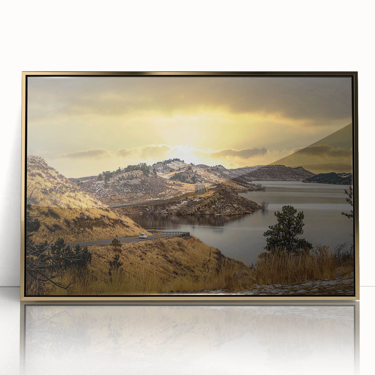 Framed acrylic print of Colorado Springs scenery in mid-century modernist style, featuring earthy tones.