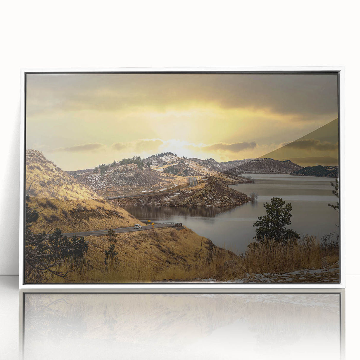 Acrylic print of Colorado Springs landscape in muted earth tones, framed in white.