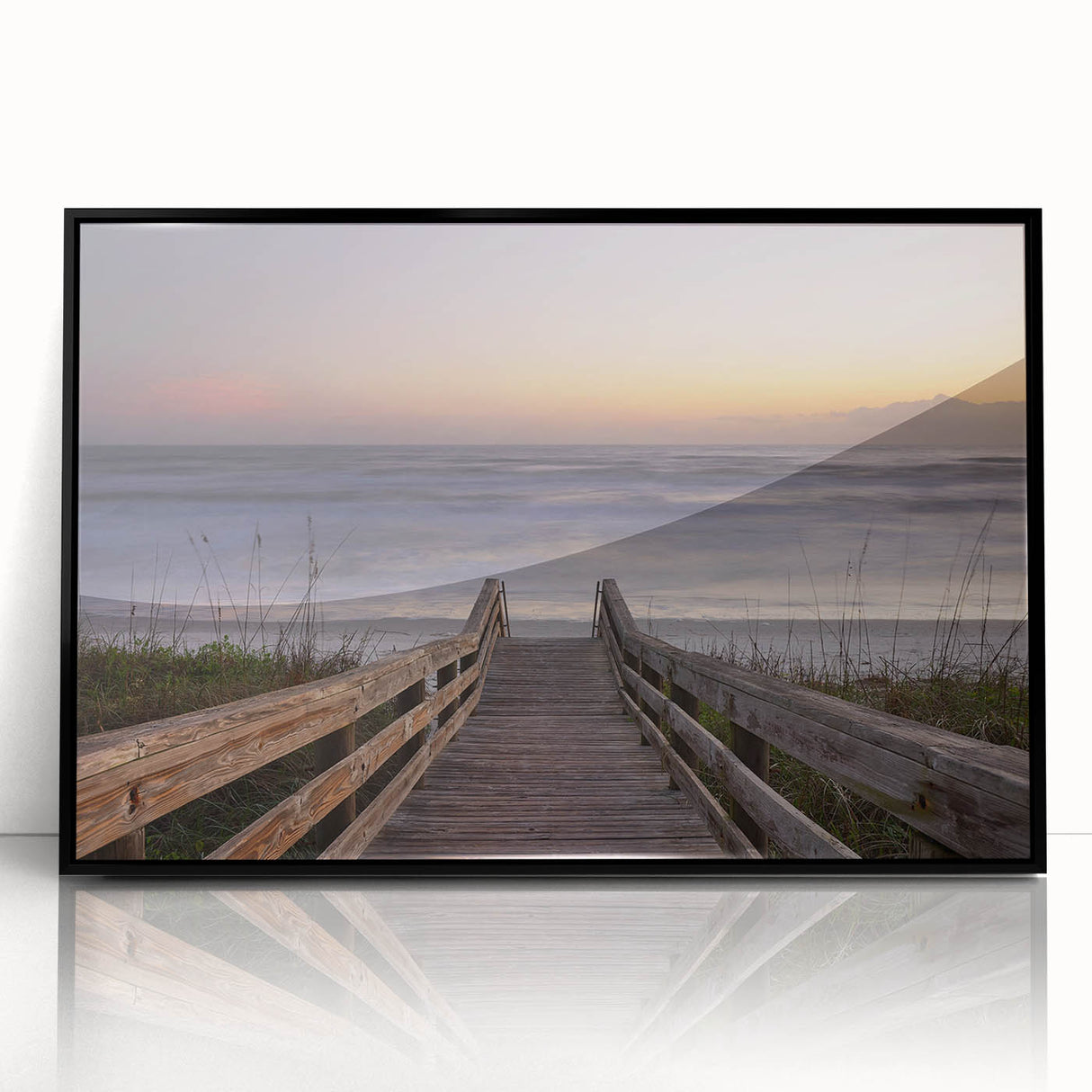 Large abstract wall art featuring a dynamic blend of swirling blue and gray tones on a framed acrylic.