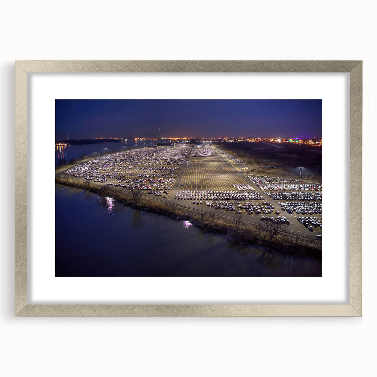 Textured abstract art print depicting a serene Delaware landscape in muted green and blue tones, framed in silver.