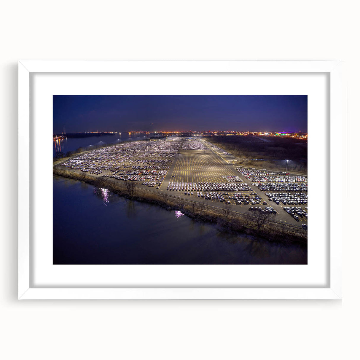Abstract art print of Delaware scenery in muted earth tones on a framed white mat, suitable for dining room decor.