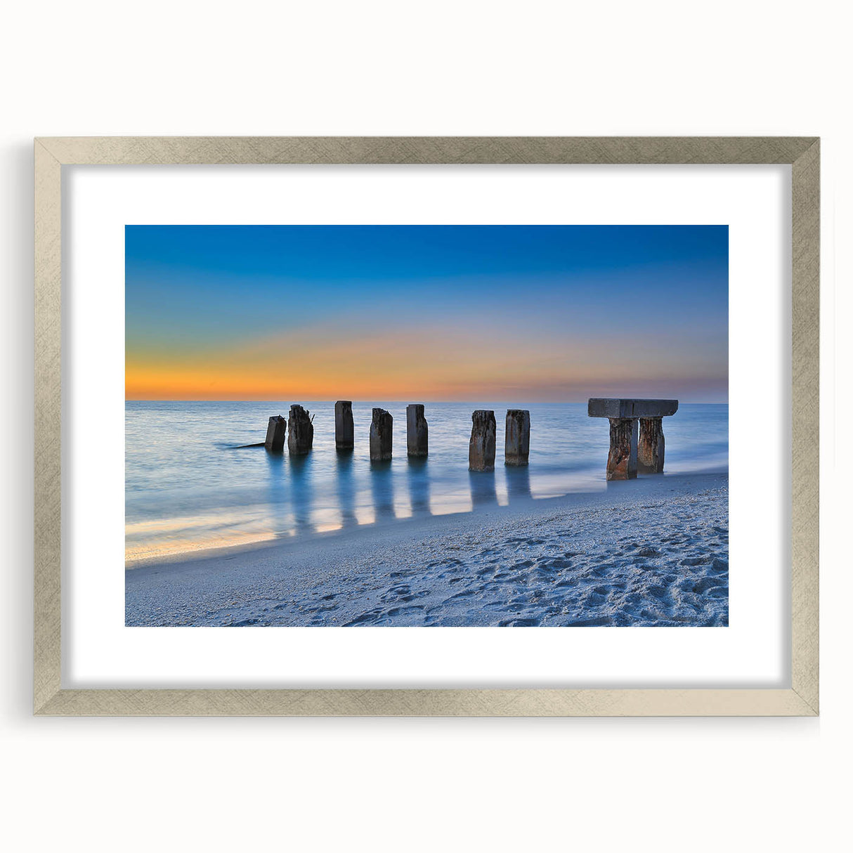 Textured art print of Florida Keys with abstract design in muted blue and green tones on a framed silver mat.