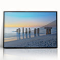 Large abstract wall art depicting the Florida Keys in muted blue tones, framed in black acrylic.