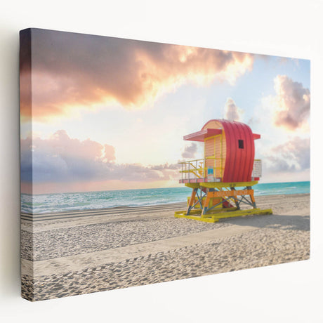 Large art depicting the Miami skyline in vibrant twilight hues on stretched canvas, ideal for kitchen wall art.