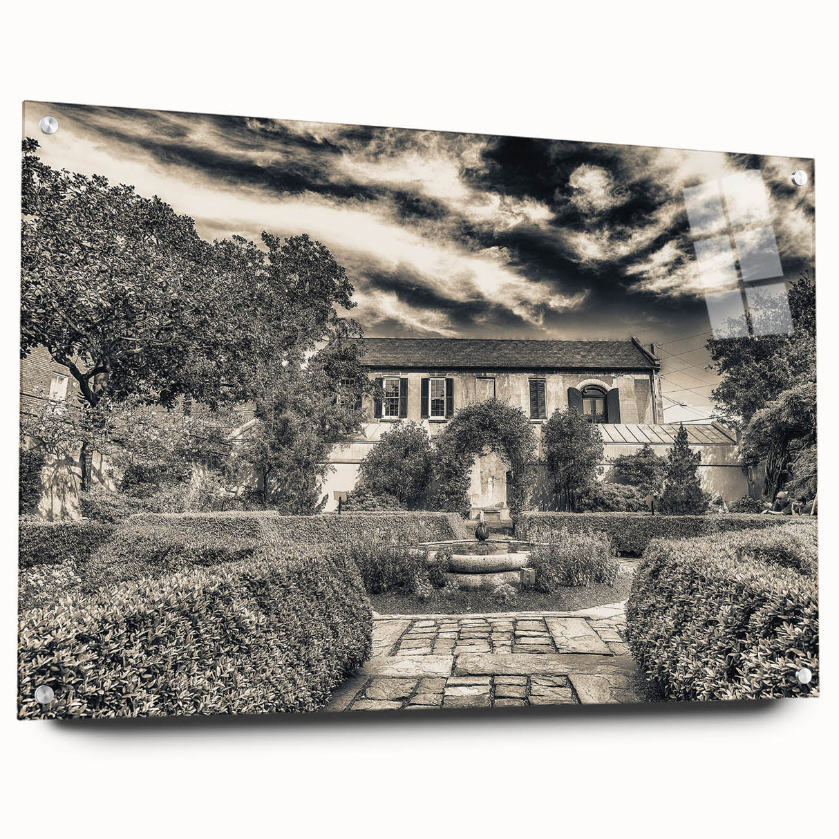 Acrylic print of Savannah, Georgia, featuring muted earth tones and abstract design.
