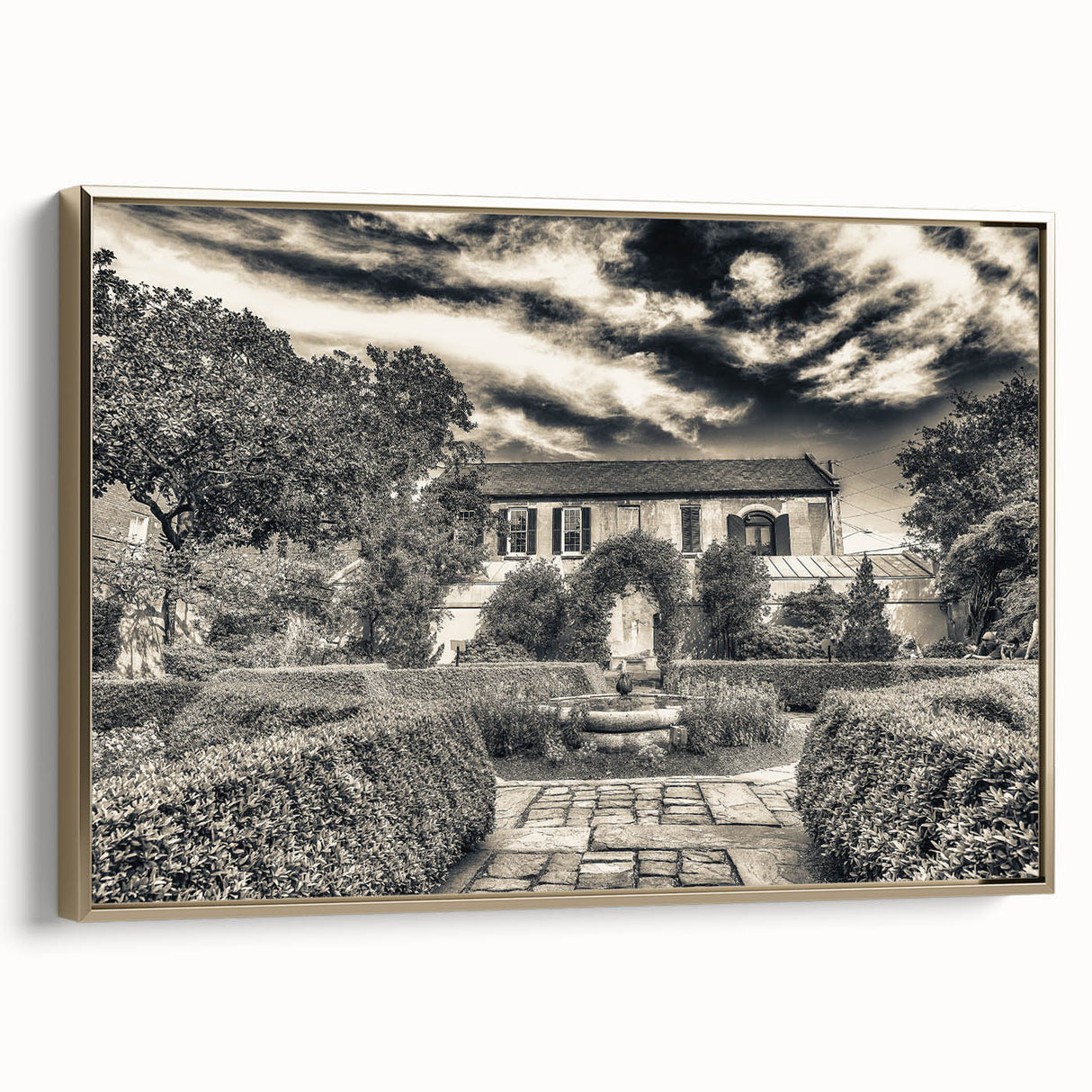 Framed canvas featuring a vintage-style landscape painting of Savannah, Georgia with black and gold tones.