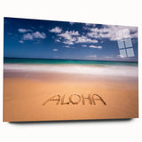 Large abstract wall art depicting Kauai's lush landscapes in vibrant greens and blues on acrylic glass.