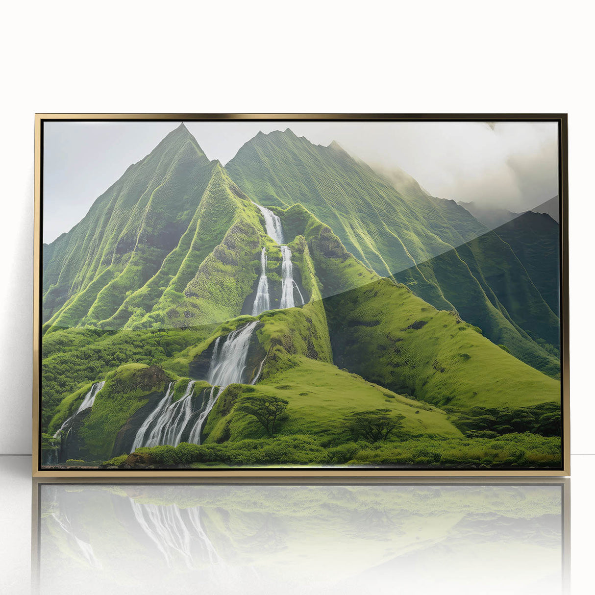 Large art print of Oahu, Hawaii scenery in mid-century modernist style, framed in gold acrylic.