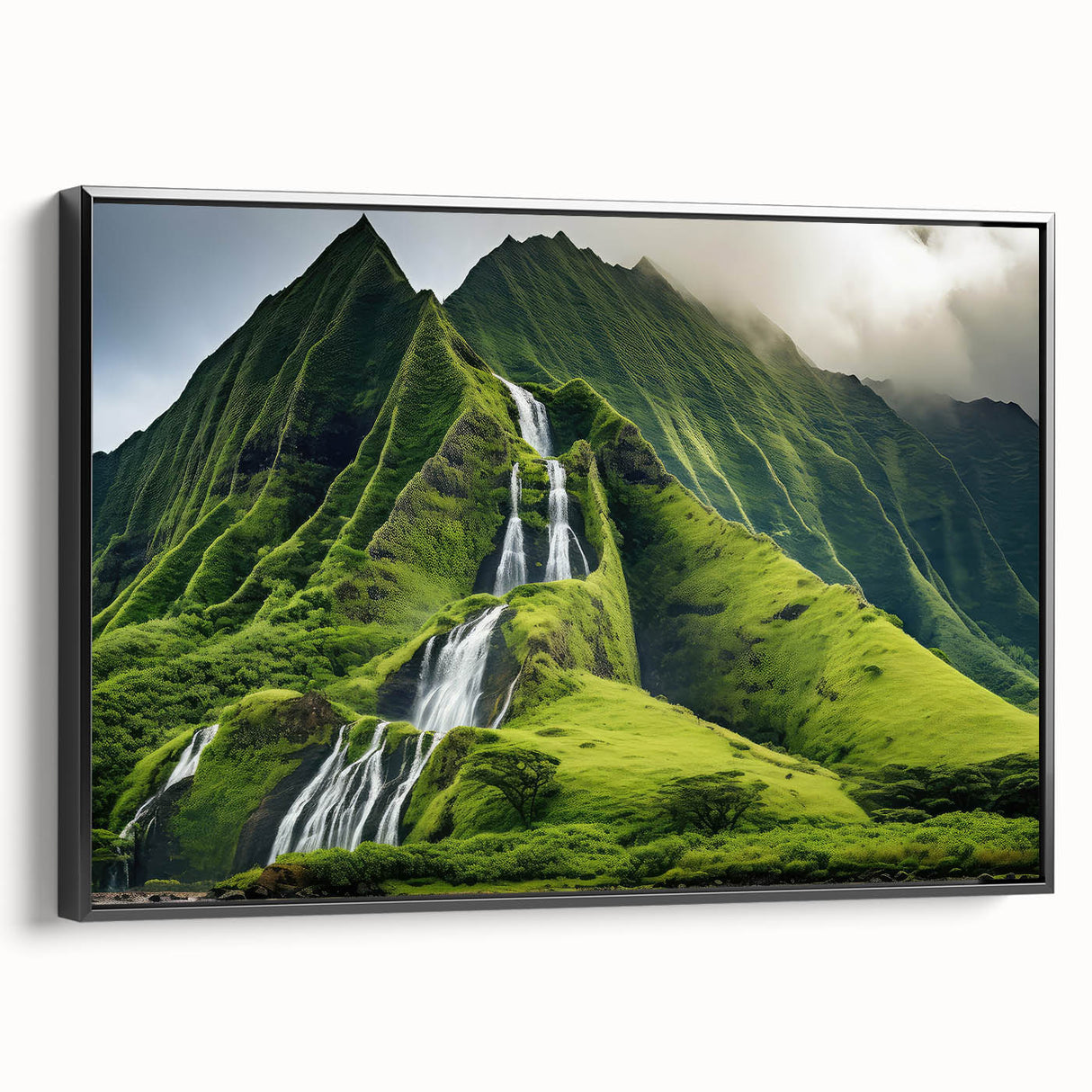 Black and white framed canvas of Oahu landscape, ideal for bedroom wall decor.
