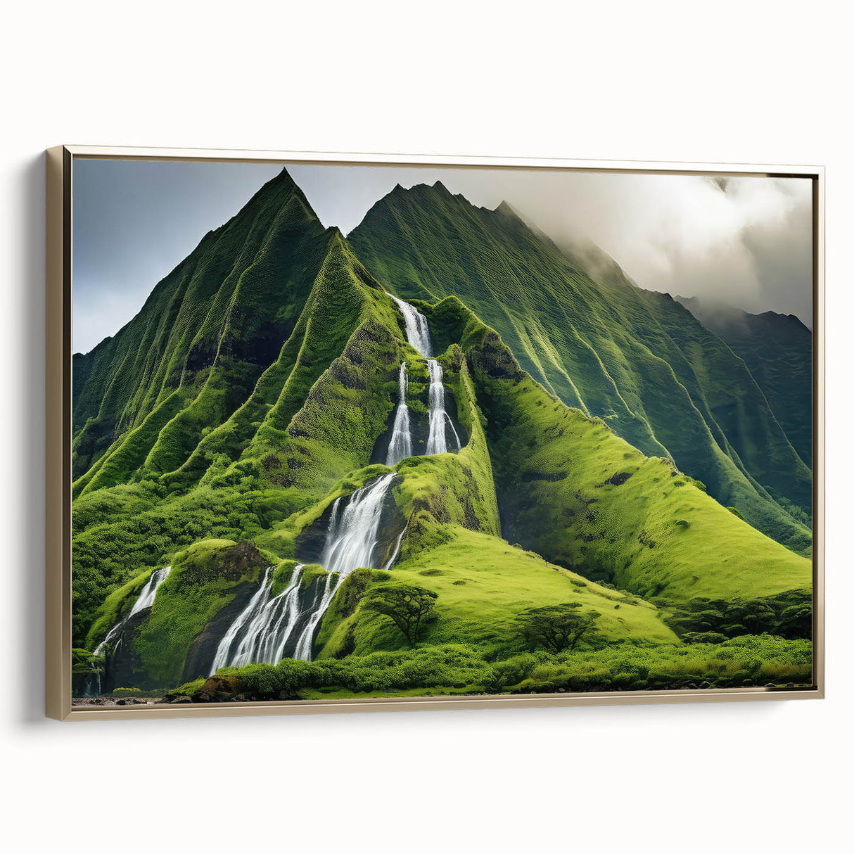 Framed canvas of a vintage-style landscape painting depicting Oahu, Hawaii, in muted gold and black tones.