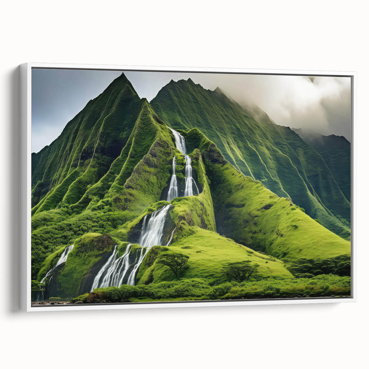 Vintage poster art of Oahu, Hawaii in vibrant colors on a large framed canvas, ideal for living room decor.
