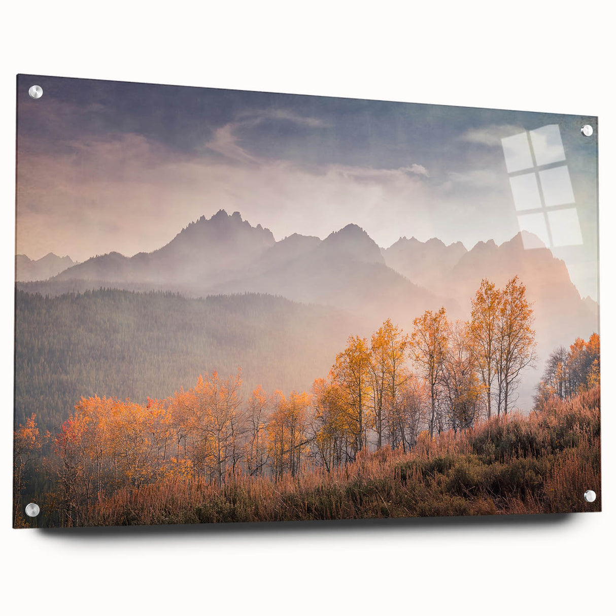 Large abstract wall art depicting Idaho scenery in muted earth tones on acrylic glass, ideal for dining room decor.