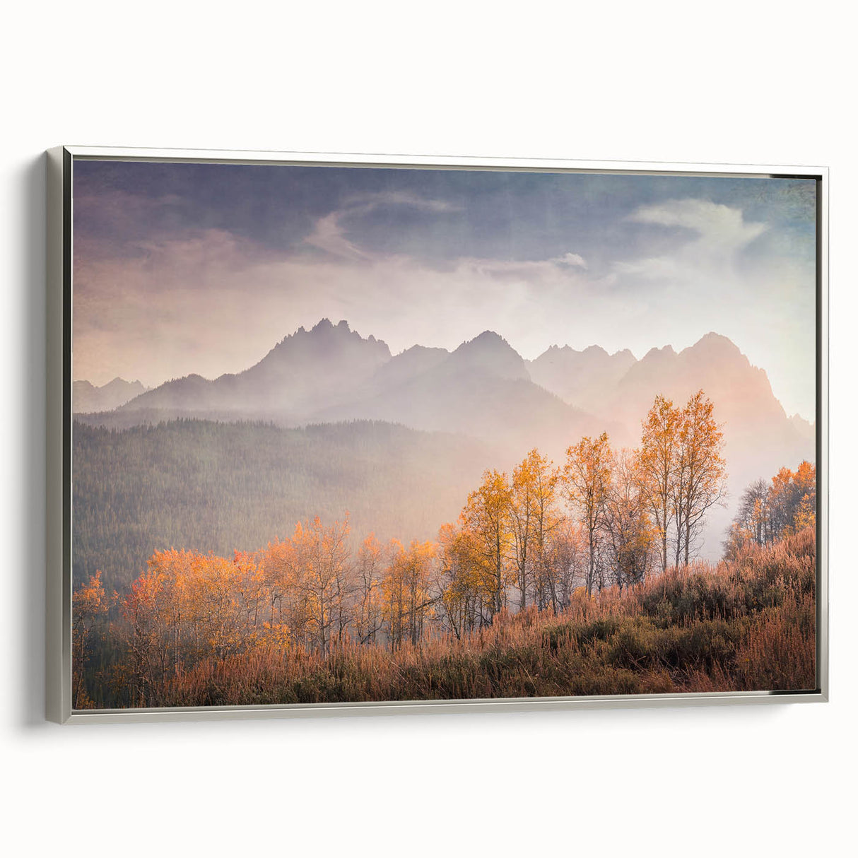 Landscape art painting of an Idaho scenery on framed canvas, featuring vibrant colors with a vintage poster style.