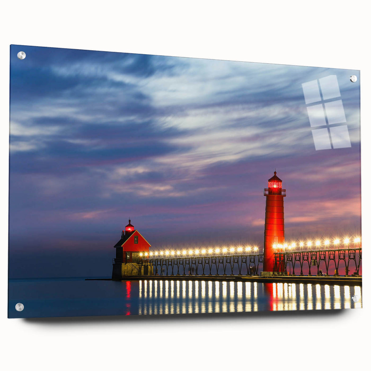 Acrylic print of Lake Michigan with soft blue and gray tones, suitable for bedroom or dining room decor.