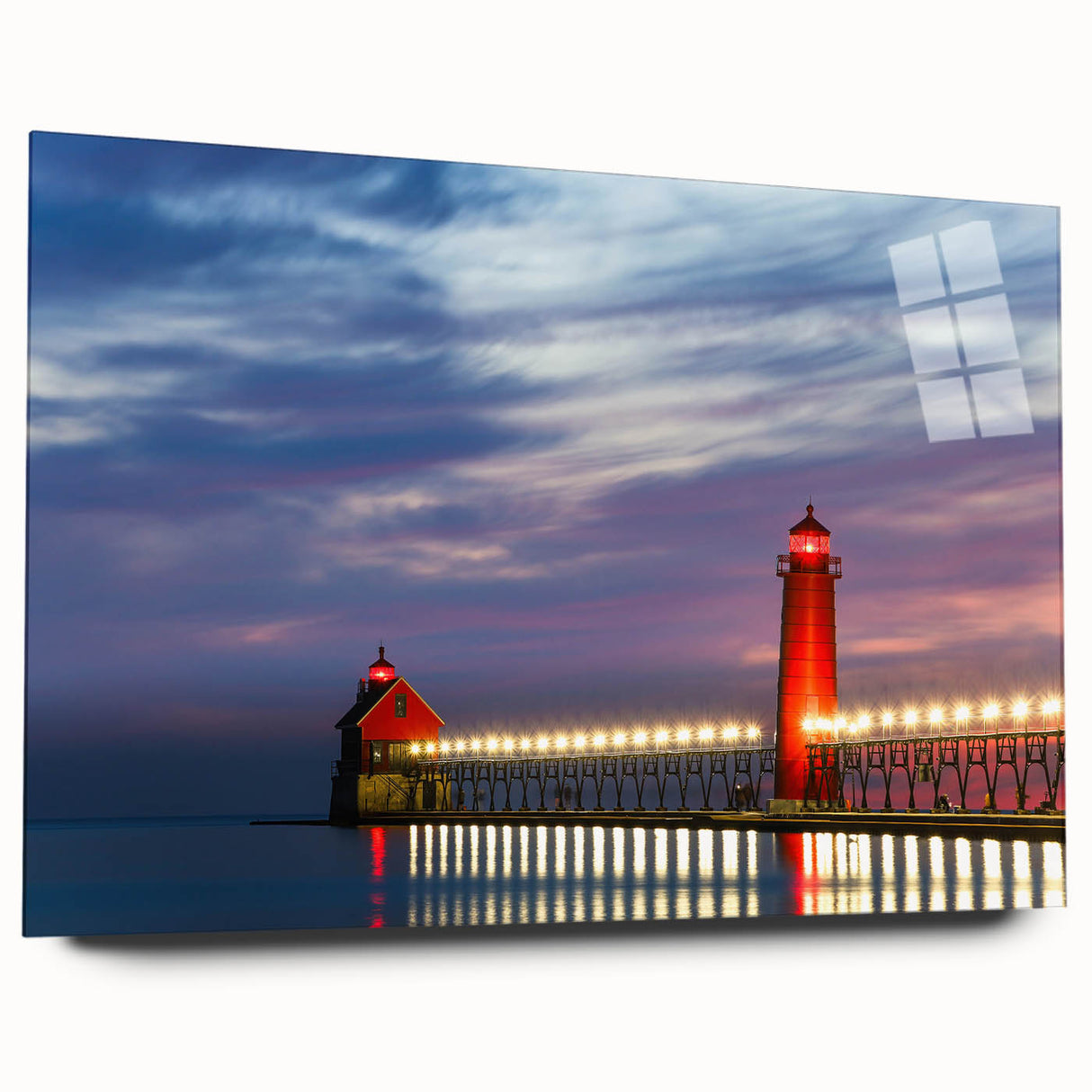 Large abstract depiction of Lake Michigan in muted blue and gray tones on acrylic glass.