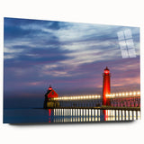 Large abstract depiction of Lake Michigan in muted blue and gray tones on acrylic glass.