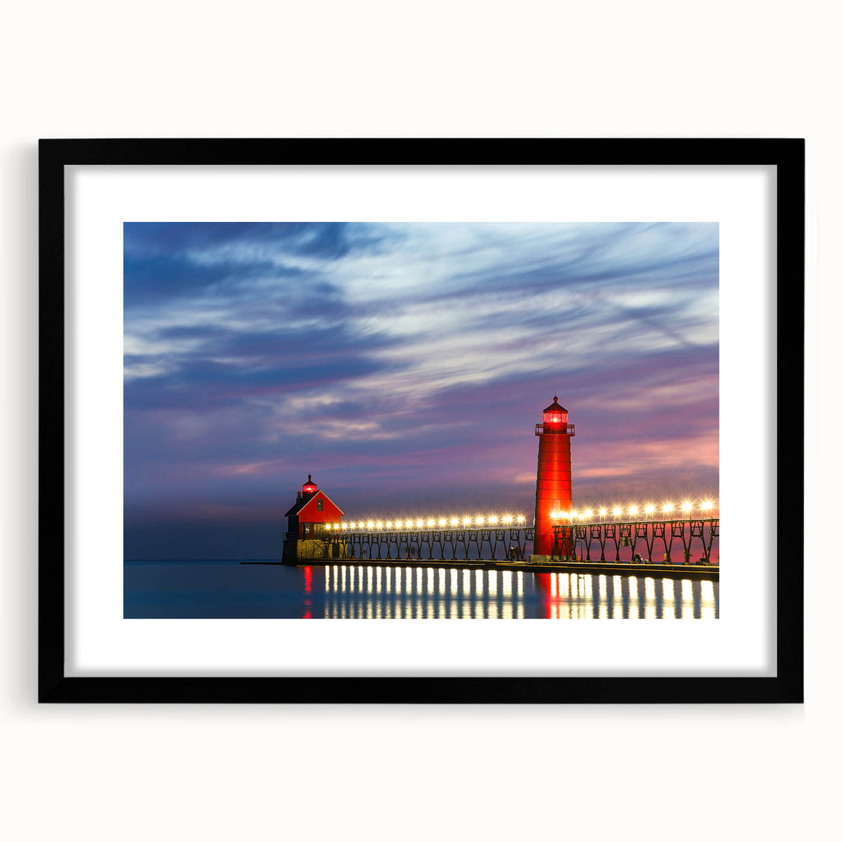 Extra large abstract art print of Lake Michigan, featuring vibrant blue and green hues on a textured canvas, framed in black.
