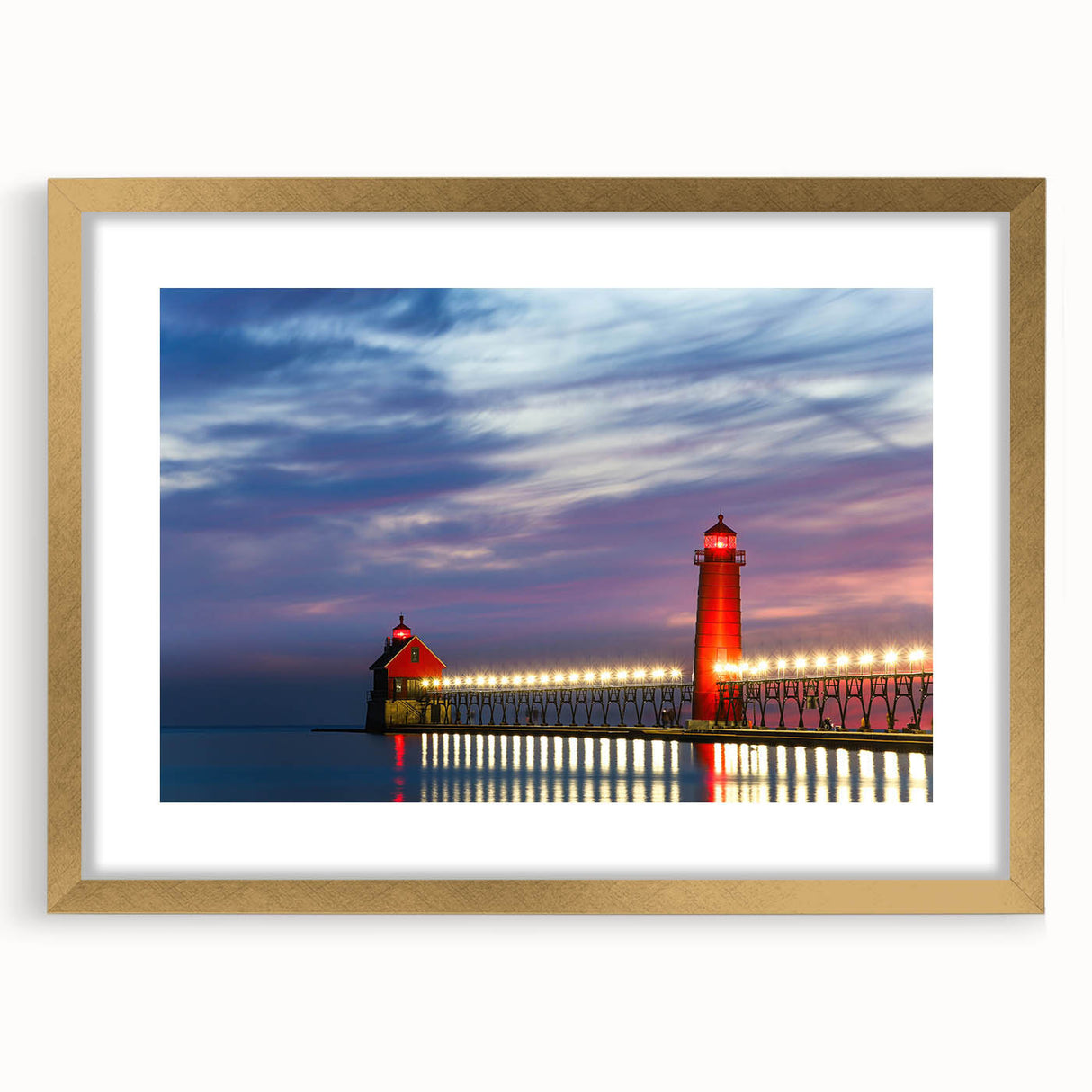 Extra large abstract art print of Lake Michigan with textured design in muted blue and gray, framed in gold.