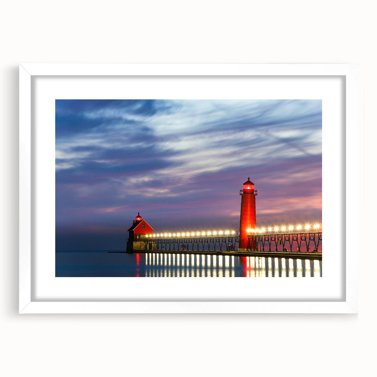 Abstract art print of Lake Michigan with muted blue and gray tones on a framed white mat, ideal for dining room decor.