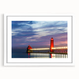 Abstract art print of Lake Michigan with muted blue and gray tones on a framed white mat, ideal for dining room decor.