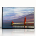 Large abstract wall art of Lake Michigan, featuring muted blue and gray tones on a framed acrylic.