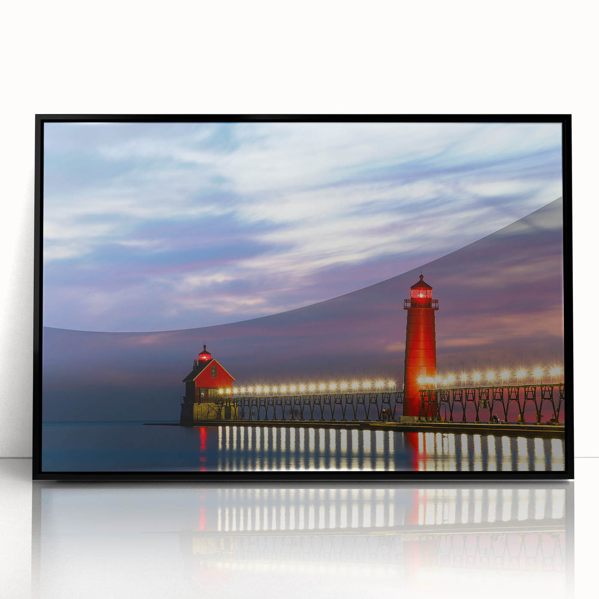 Large abstract wall art of Lake Michigan, featuring muted blue and gray tones on a framed acrylic.