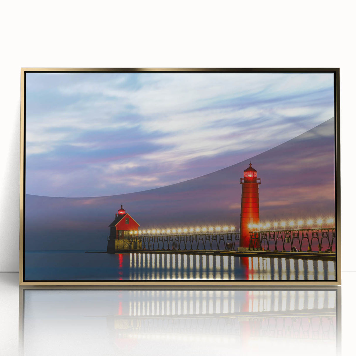 Large art print of Lake Michigan, featuring mid-century modernist style in gold and blue tones, acrylic framed.