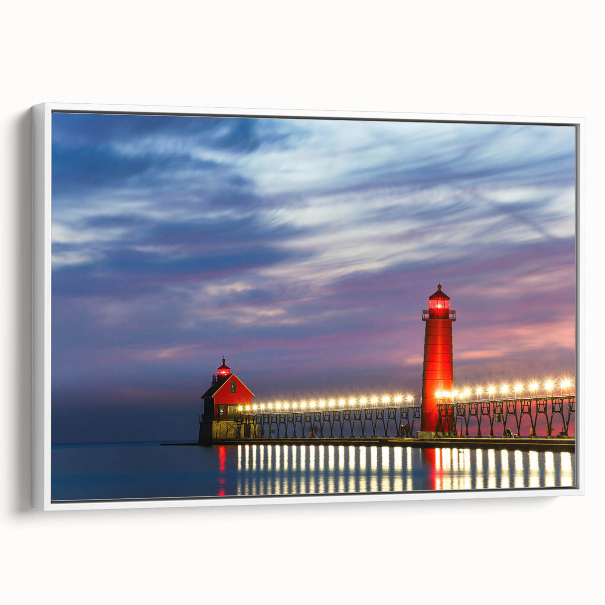 Vintage poster art of Lake Michigan, featuring a colorful palette on a framed canvas, ideal for living room decor.