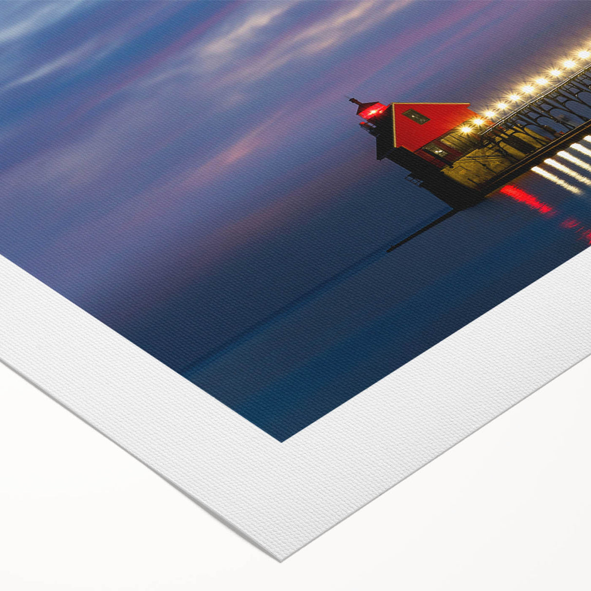 Art deco poster featuring a serene Lake Michigan scene, using muted blue and gray tones on rolled canvas.