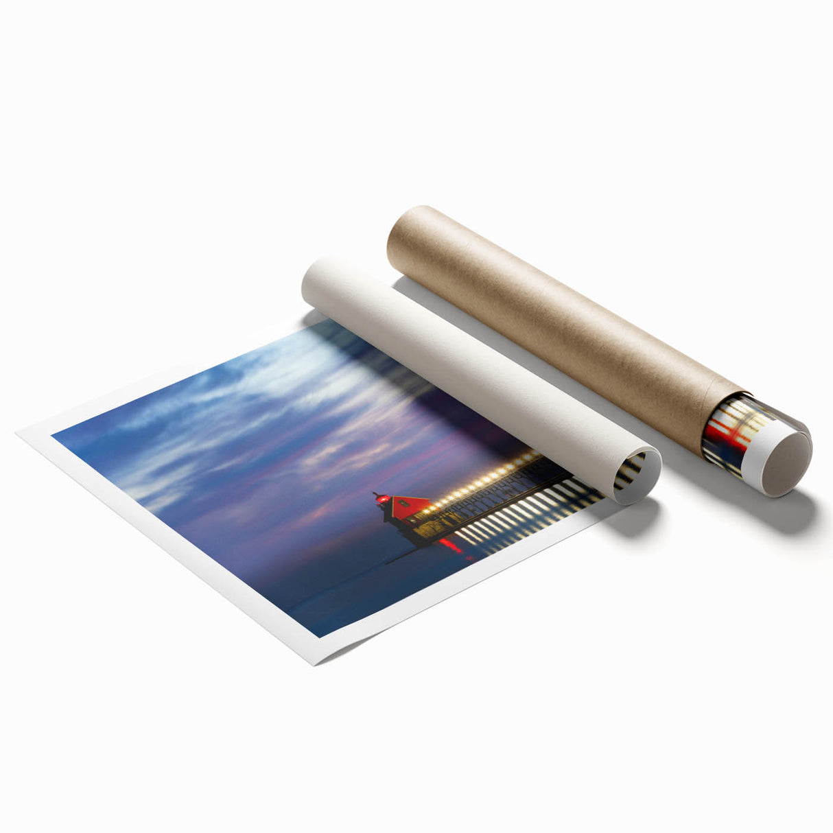 Extra large rolled print of Lake Michigan, featuring muted blue and green tones, ideal for classy bathroom wall art.
