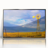 Mid-century modernist art depicting a Kansas scenery in muted earth tones on a framed acrylic, ideal for nursery wall art.